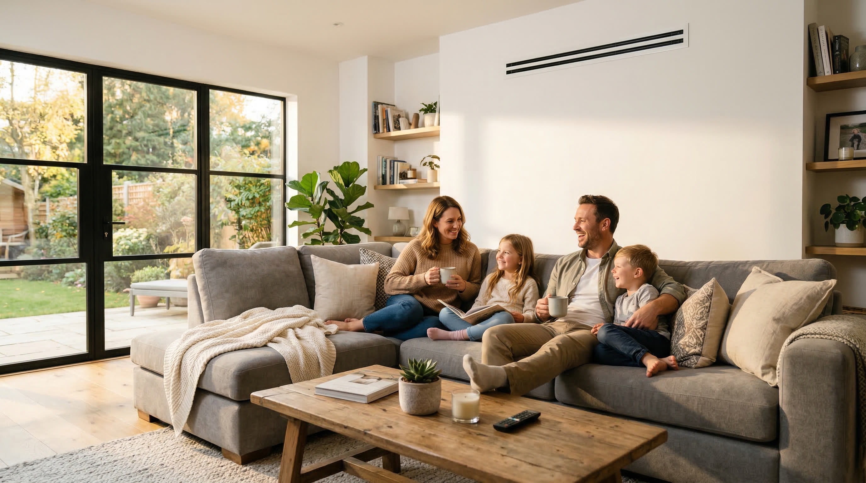 Happy family relaxing in a perfectly climate-controlled living room
